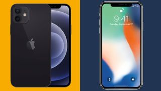 iPhone 12 against a yellow background and iPhone X against a blue background