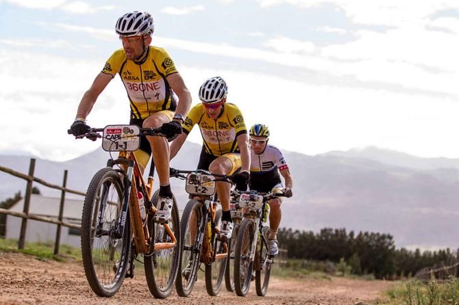 Christoph Sauser and Jaroslav Kulhavy of Burry Stander-Songo lead Urs Huber and Karl Platt of Bulls