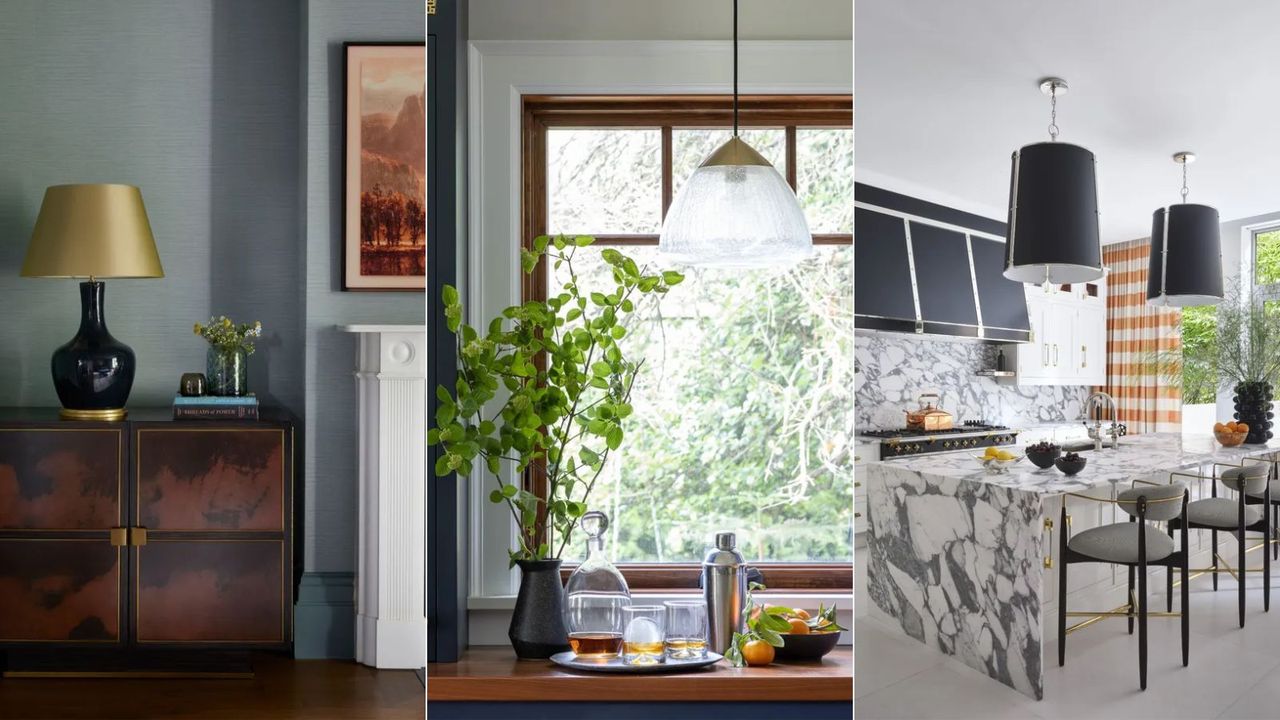 living room with gold table lamp, kitchen window with glass pendant light, marble kitchen with black pendant lights