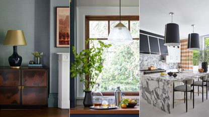 living room with gold table lamp, kitchen window with glass pendant light, marble kitchen with black pendant lights