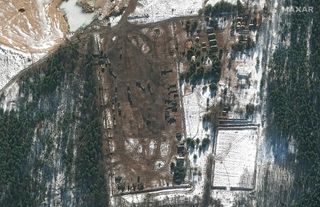 This image, snapped on Feb. 22, 2022, by a Maxar Worldview satellite, shows heavy equipment transporters in western Klintsy, Russia.