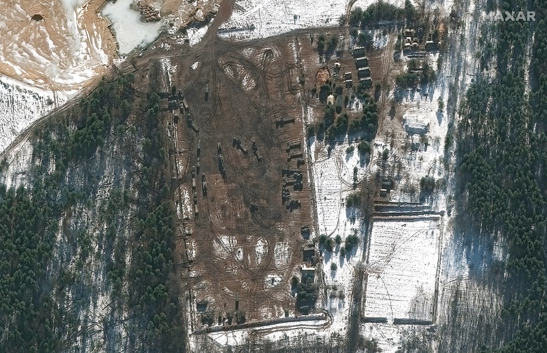 This image, snapped on Feb. 22, 2022, by a Maxar Worldview satellite, shows heavy equipment transporters in western Klintsy, Russia.