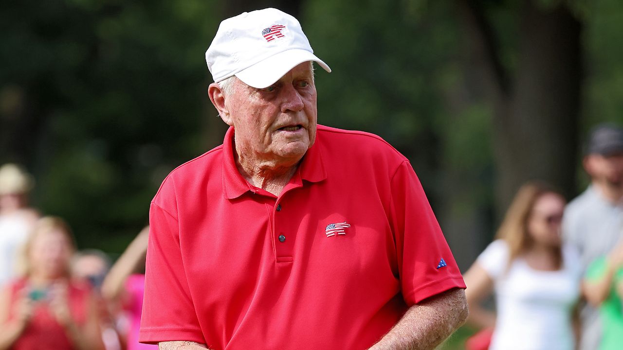 Jack Nicklaus reacts to a putt during a celebrity shootout in the 2022 Ally Challenge at Warwick Hills Golf And Country Club