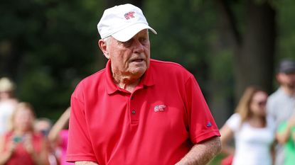 Jack Nicklaus reacts to a putt during a celebrity shootout in the 2022 Ally Challenge at Warwick Hills Golf And Country Club