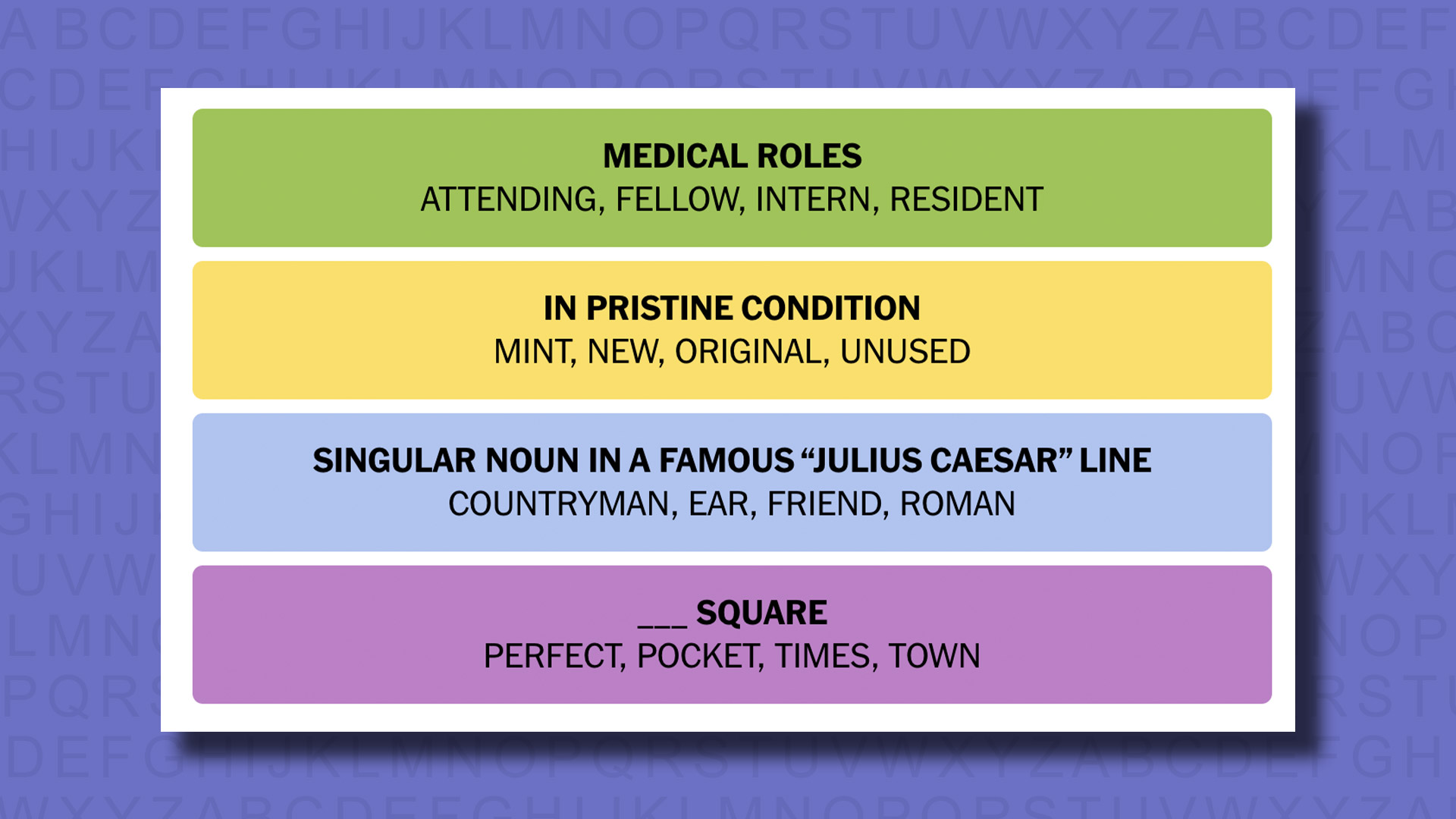 NYT Connections answers for game 506 on a purple background