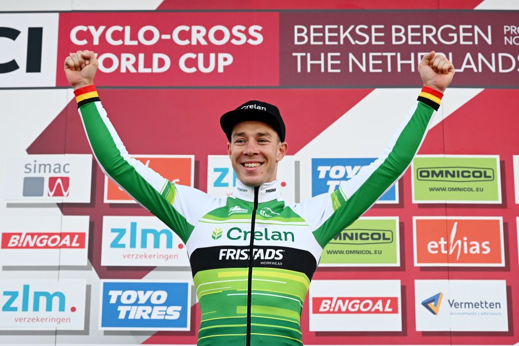 BERGEN NETHERLANDS NOVEMBER 13 Laurens Sweeck of Belgium and Team CrelanFristads celebrates at podium as race winner during the 1st UCI Cyclocross World Cup Beekse Bergen 2022 Mens Elite CXWorldCup BeekseBergen Cyclocross on November 13 2022 in Bergen Netherlands Photo by Luc ClaessenGetty Images