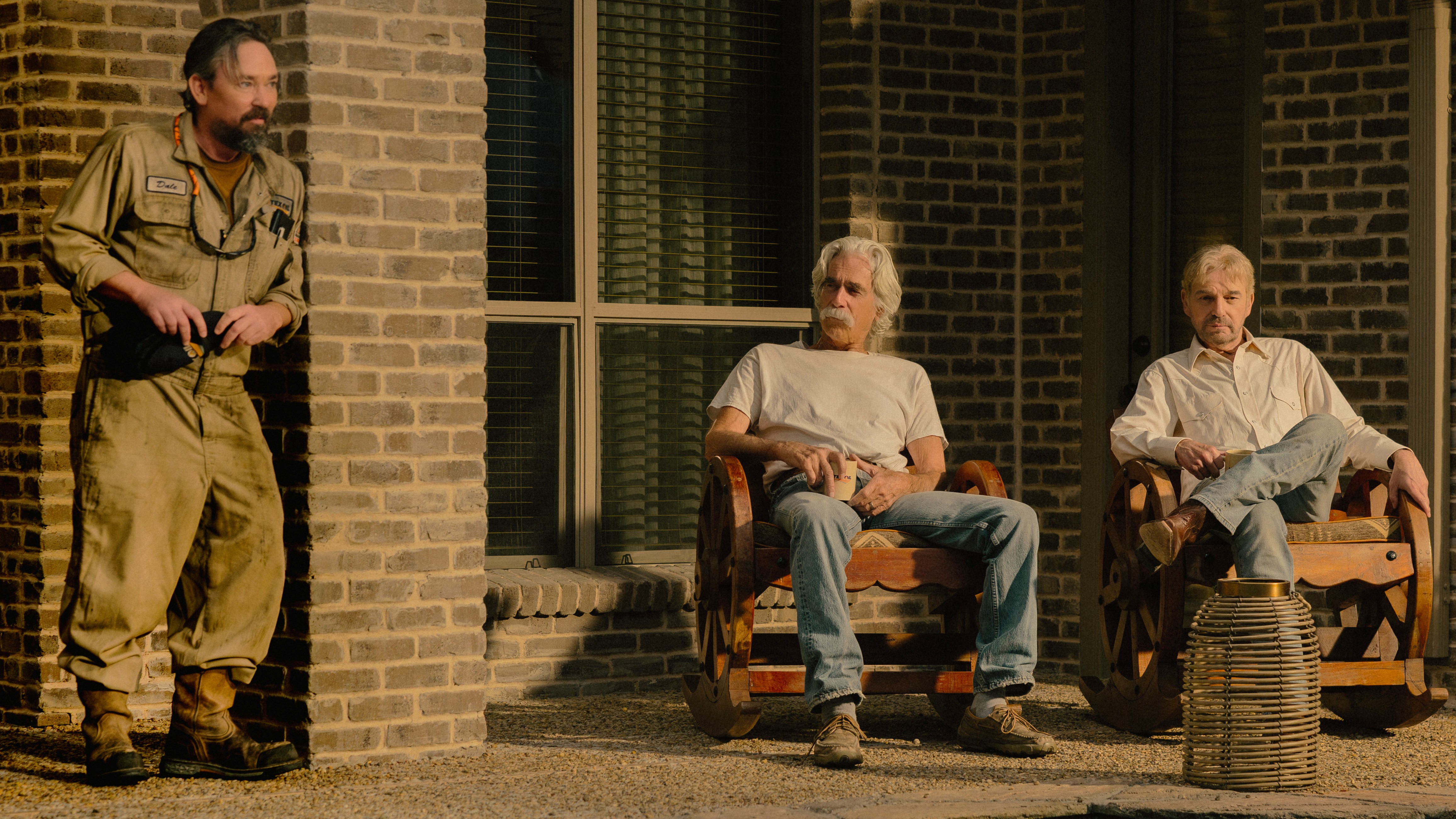 James Jordan as Dale, Sam Elliott as T.L. and Billy Bob Thornton as Tommy in &quot;Landman&quot; season 2.