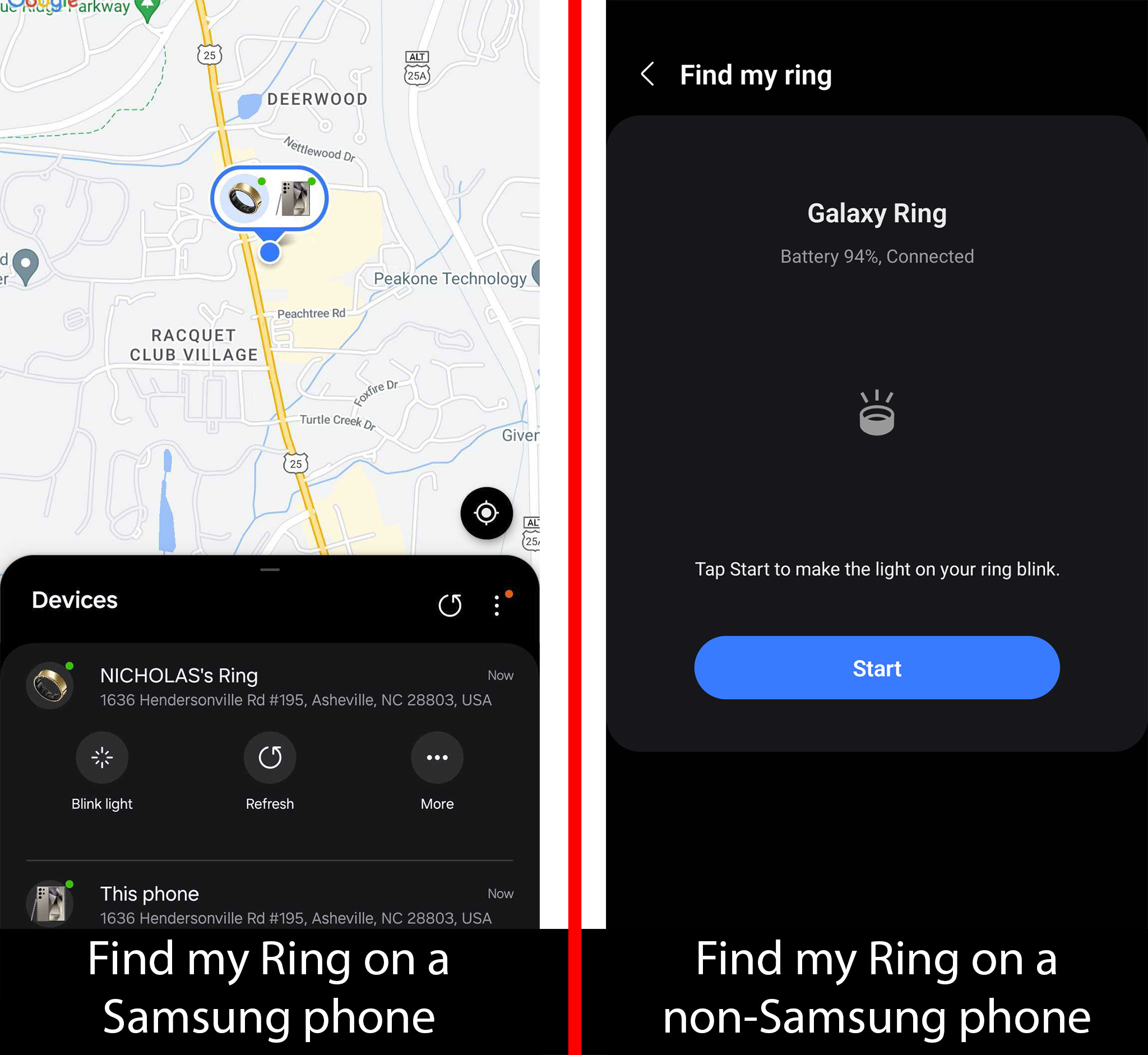 Using Find My Galaxy Ring on a Samsung device versus a non-Samsung device