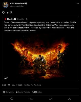 Cliff Bleszinski tweets about Gears of War on Netflix