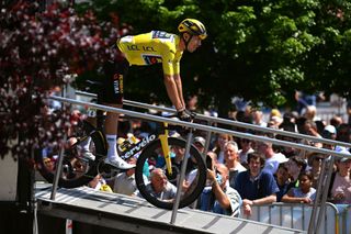 Race leader Christophe Laporte at the start of stage 3 of the Critérium du Dauphiné