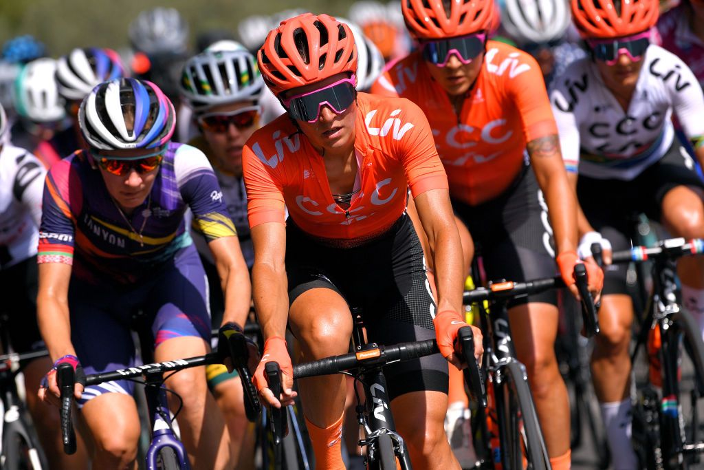 TIVOLI ITALY SEPTEMBER 14 Alena Amialiusik of Belarus and Team Canyon SRAM Racing Sofia Bertizzolo of Italy and Team CCC Liv Soraya Paladin of Italy and Team CCC Liv during the 31st Giro dItalia Internazionale Femminile 2020 Stage 4 a 1703km stage from Assisi to Tivoli 237m GiroRosaIccrea GiroRosa on September 14 2020 in Tivoli Italy Photo by Luc ClaessenGetty Images