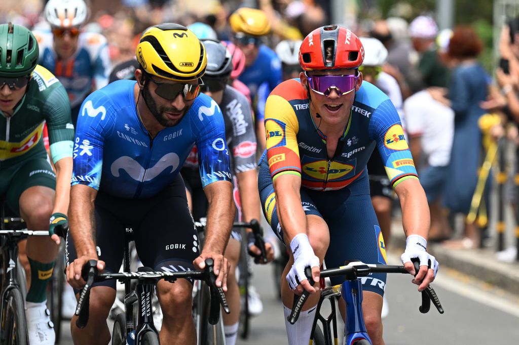 TORINO ITALY JULY 01 LR Fernando Gaviria of Colombia and Movistar Team and Mads Pedersen of Denmark and Team Lidl Trek compete during the 111th Tour de France 2024 Stage 3 a 2308km stage from Piacenza to Torino UCIWT on July 01 2024 in Torino Italy Photo by Tim de WaeleGetty Images