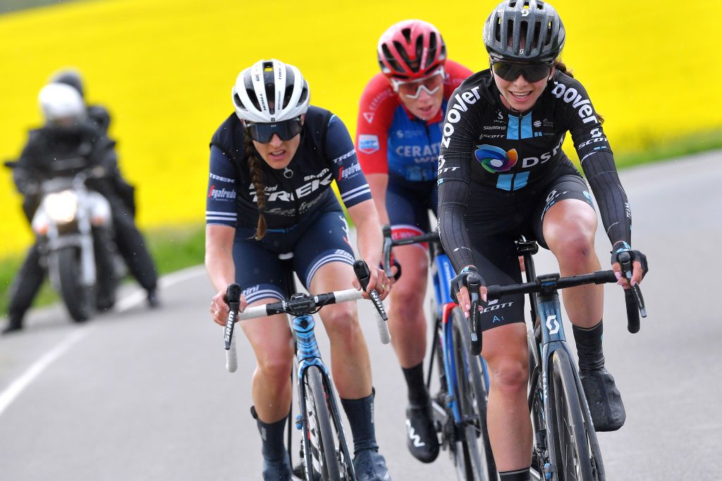 SCHLEIZ GERMANY MAY 27 Lucinda Brand of Netherlands and Trek Segafredo Liane Lippert of Germany and Team DSM Kirsten Wild of Netherlands and Ceratizit WNT Pro Cycling Team in breakaway during the 34th Internationale LOTTO Thringen Ladies Tour 2021 Stage 3 a 1165km stage from Schleiz to Schleiz ltlt2021 lottothueringenladiestour womencycling on May 27 2021 in Schleiz Germany Photo by Luc ClaessenGetty Images