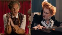 From left to right: Neil Patrick Harris as The Toymaker leaning against a table and Jinkx Monsoon as Maestro stretching her hands across a piano.