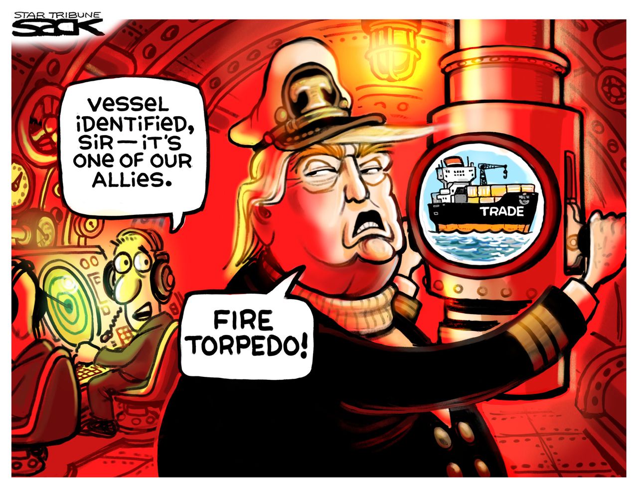 Political cartoon U.S. Trump trade war tariffs