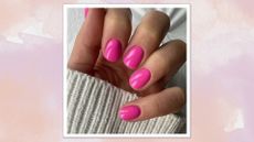 Hand with short, square-shape nails with hot pink nail polish