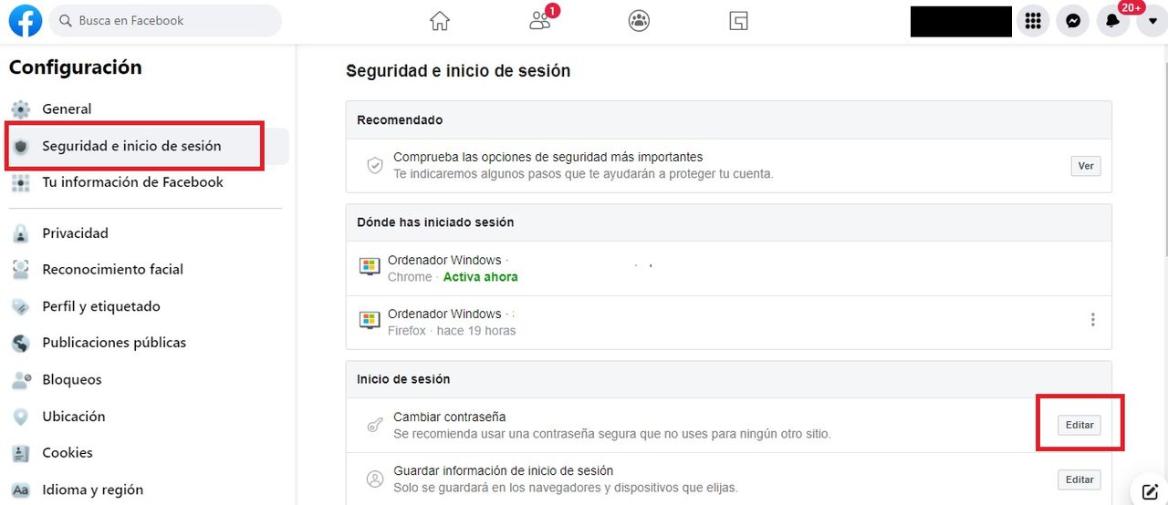 Cambiar la contrase&ntilde;a de Facebook, paso 3