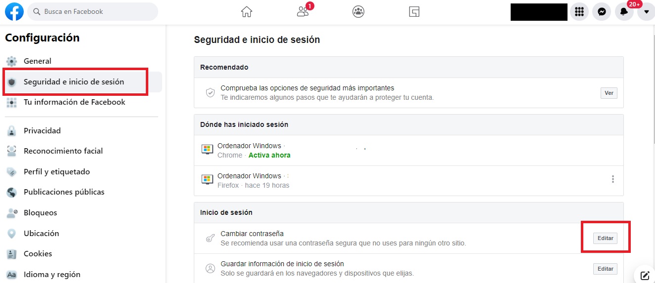 Cambiar la contraseña de Facebook, paso 3