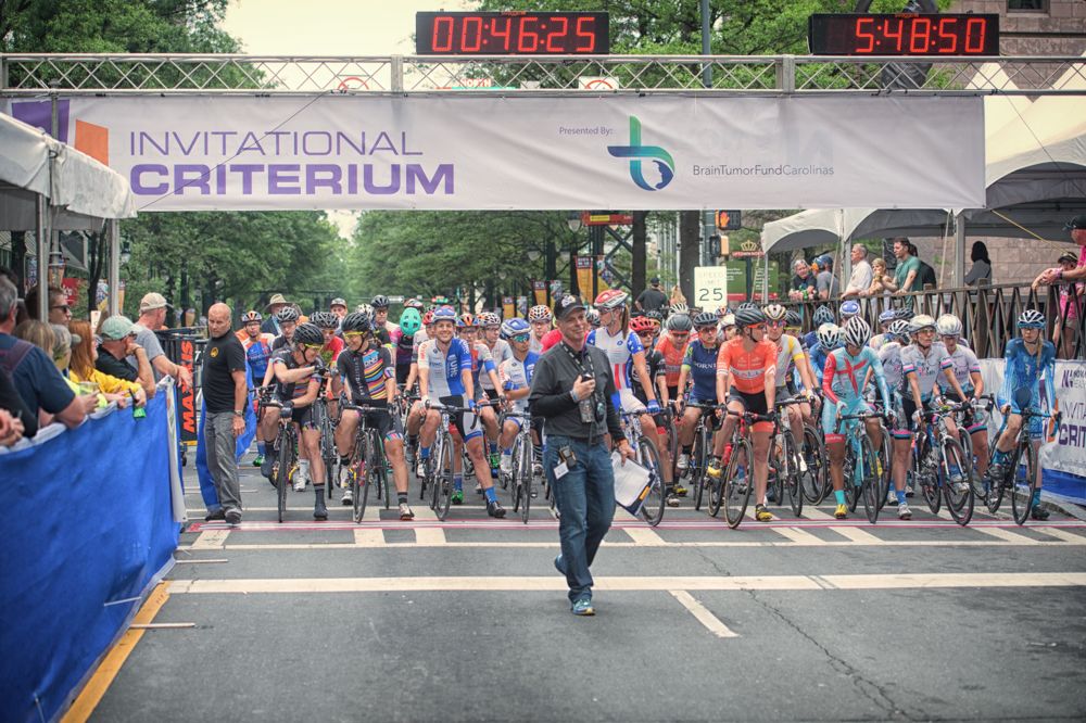 Race Director Thad Fisher prepares to start the 2016 women's race of the Charlotte Criterium presented by Novant Health