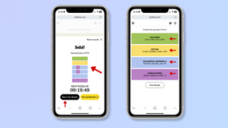 The first screenshot shows the results of the game, with red arrows pointing at the results grid and Share Your Results. The second screenshot shows the solutions of the game. 