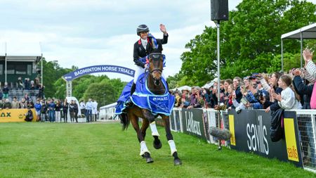 Ros Canter celebrates after showjumping clear to win the Badminton title for a third time on Lordships Graffalo.