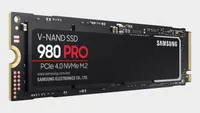 Samsung 980 Pro 500GB in front of a gray backdrop. 