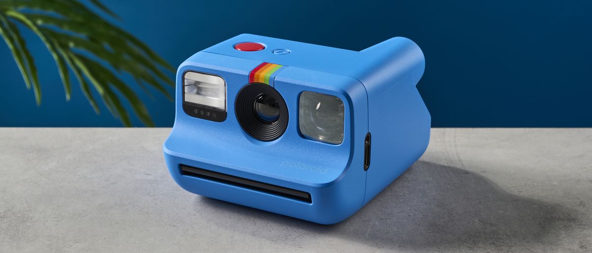 A blue Polaroid Go Gen 2 instant camera