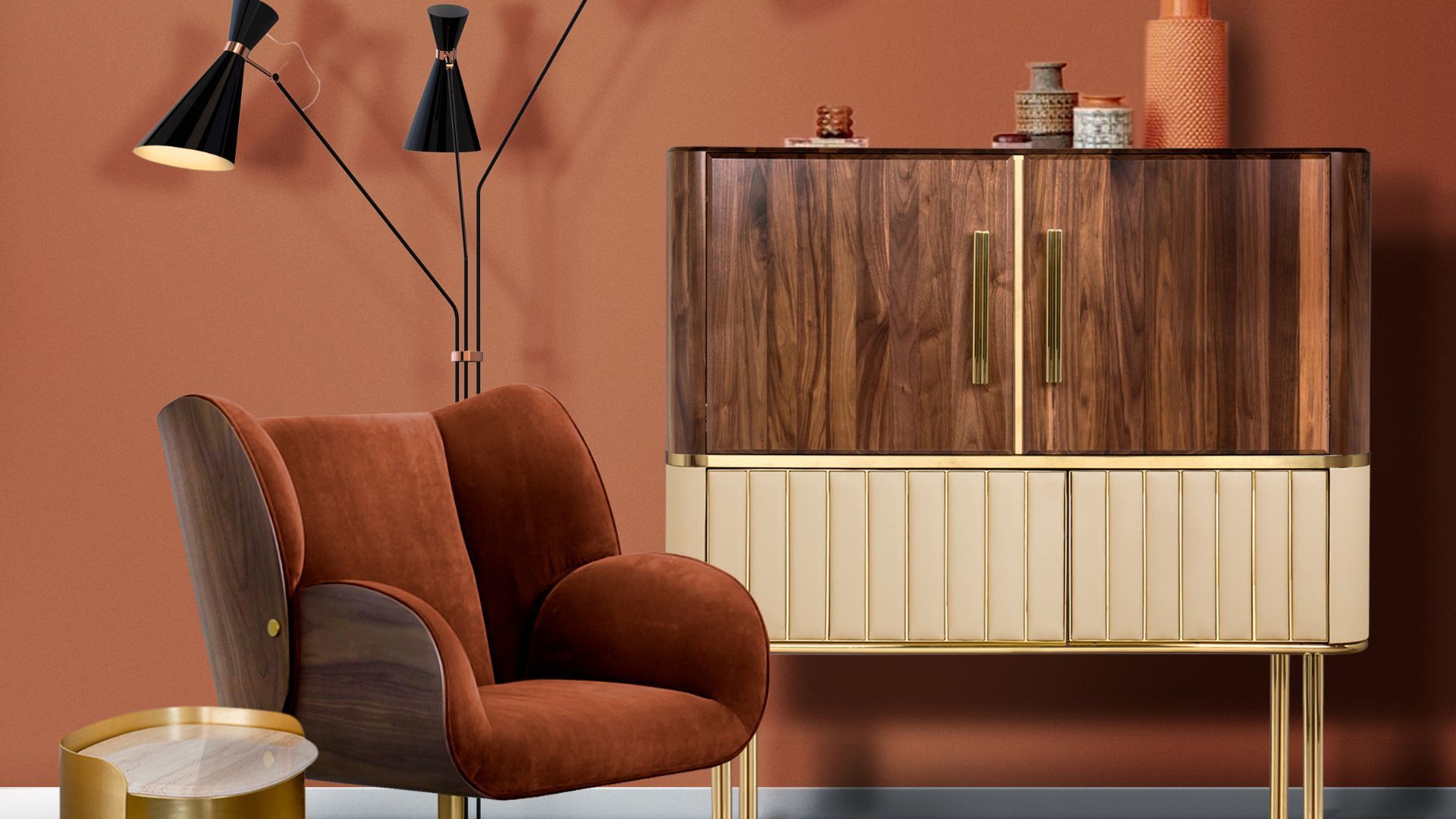 An interior shot of various shades of chocolate, including a chair, showing the color trends 2023