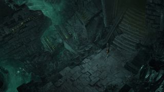 Diablo 4 dungeon locations - a sorcerer makes their way through a green-hued rocky corridor