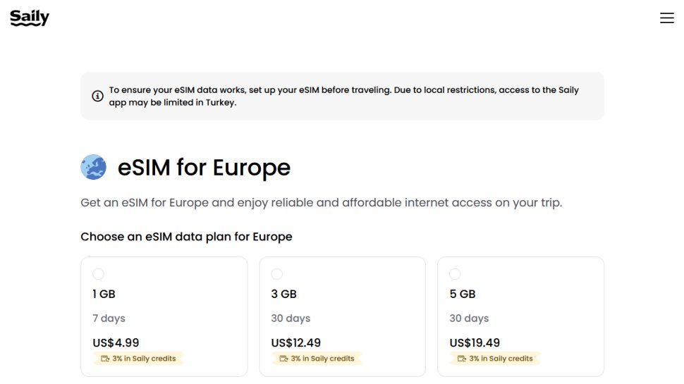 Saily website screenshot (February 2026).