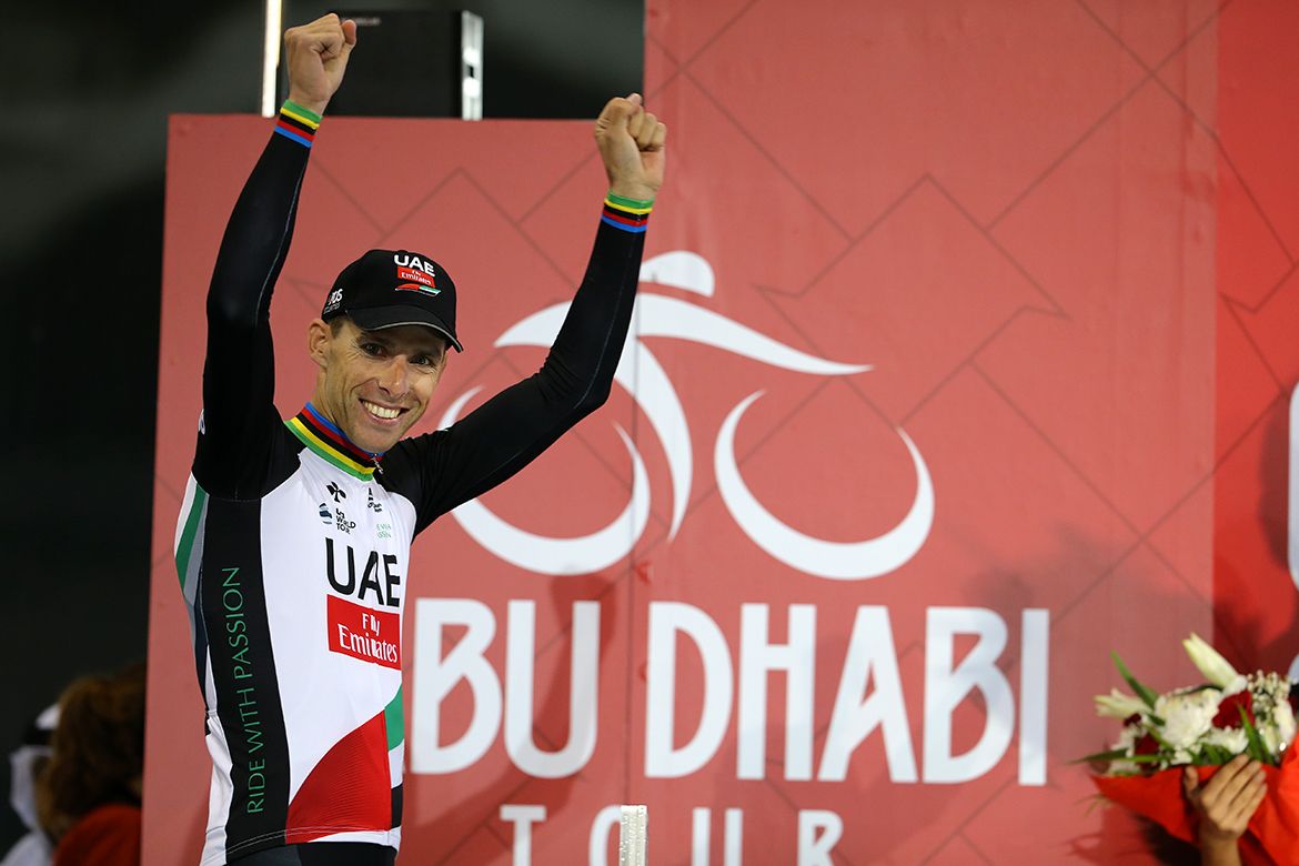 Rui Costa celebrating his overall victory at the Abu Dhabi Tour