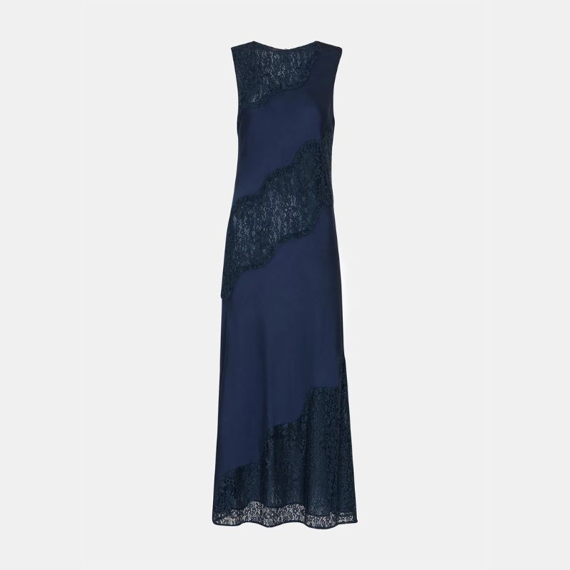 A cut out of a navy lace and satin slip dress