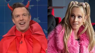 From left to right: Jason Sudeikis dressed as the devil during SNL's Weekend Update and Juno Temple as Keeley Jones in Ted Lasso.