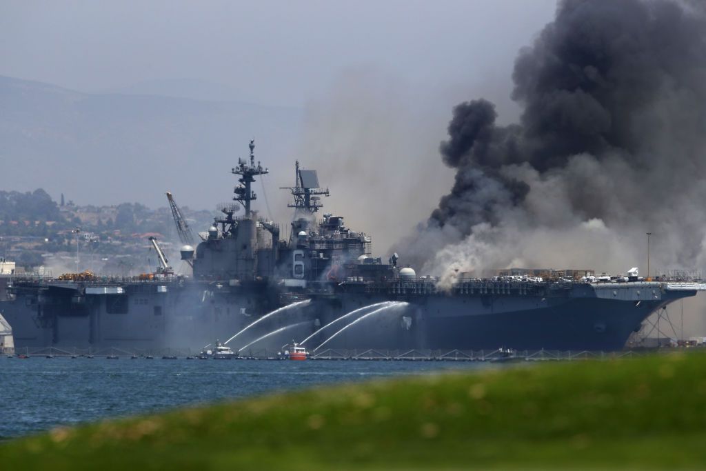 USS Bonhomme Richard burns at naval base in San Diego.