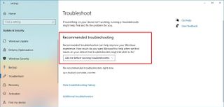Windows 10 Recommended troubleshooter page