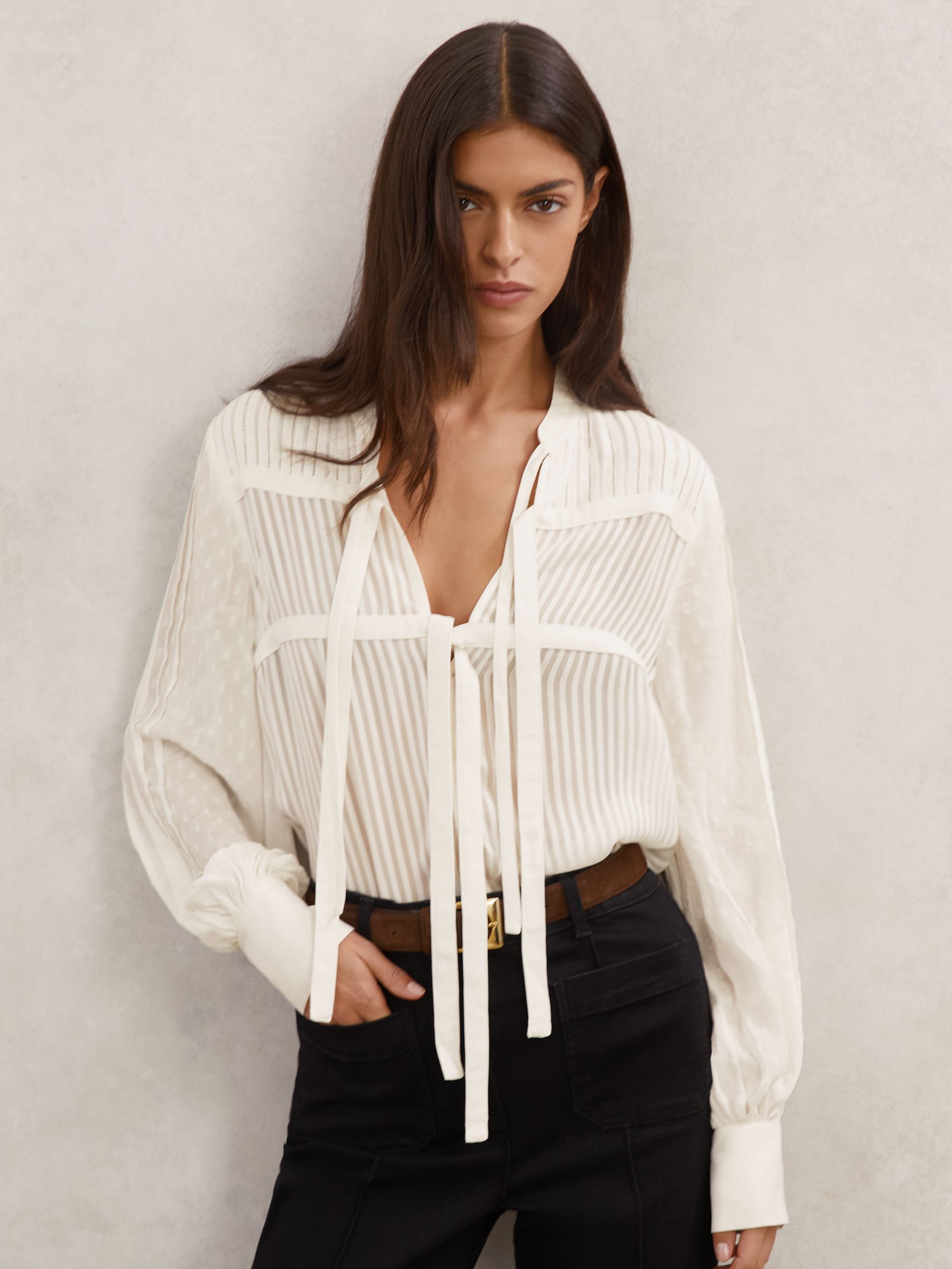 Tie-Detail Shadow-Stripe Blouse in Ivory