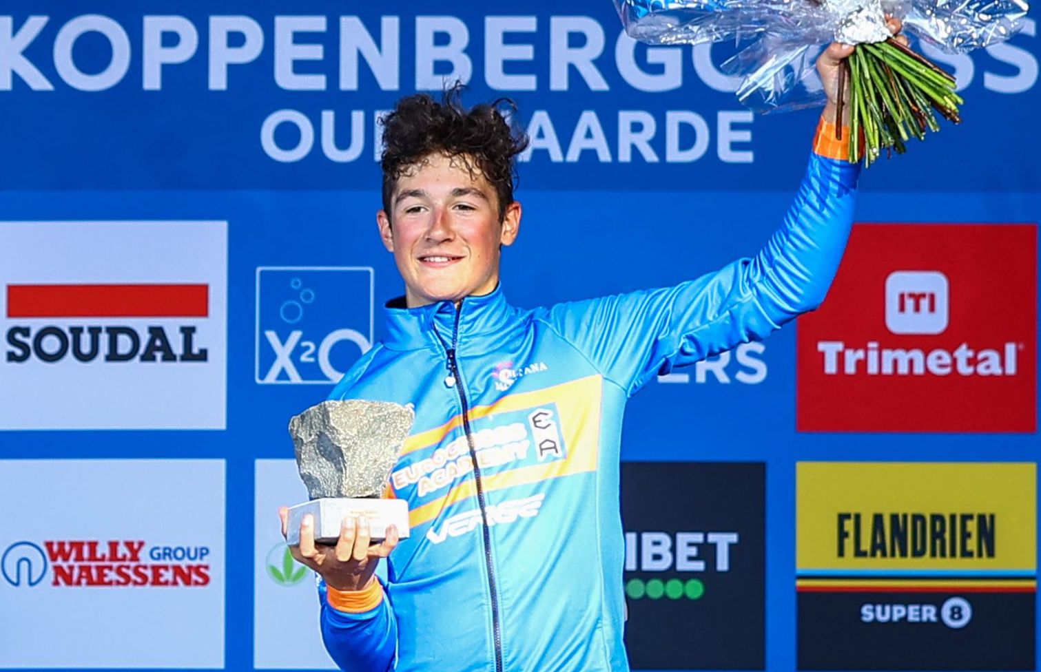 US Andrew August celebrate on the podium after the junior men's race during the Koppenbergcross, the first race (out of eight) of the X2O Badkamers trophy, in Melden, on Tuesday 01 November 2022. BELGA PHOTO DAVID PINTENS (Photo by DAVID PINTENS / BELGA MAG / Belga via AFP) (Photo by DAVID PINTENS/BELGA MAG/AFP via Getty Images)