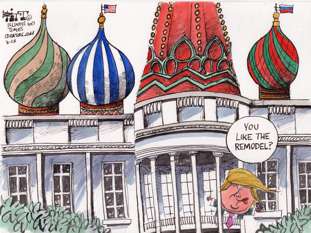 Political Cartoon U.S. President Trump White House remodel Russia influence