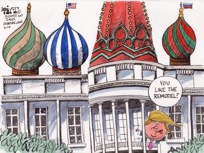 Political Cartoon U.S. President Trump White House remodel Russia influence