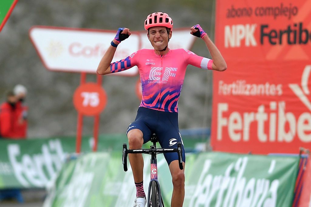 ALTODELANGLIRU SPAIN NOVEMBER 01 Arrival Hugh Carthy of The United Kingdom and Team EF Pro Cycling Celebration during the 75th Tour of Spain 2020 Stage 12 a 1094km stage from Pola de Laviana to Alto de lAngliru 1560m lavuelta LaVuelta20 La Vuelta on November 01 2020 in Alto de lAngliru Spain Photo by Justin SetterfieldGetty Images