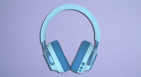 Light blue headphones on a lilac TR background
