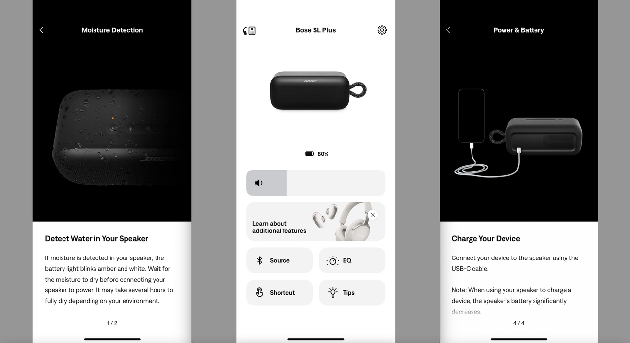 Bose SoundLink Plus screengrabs from the app, on gray background
