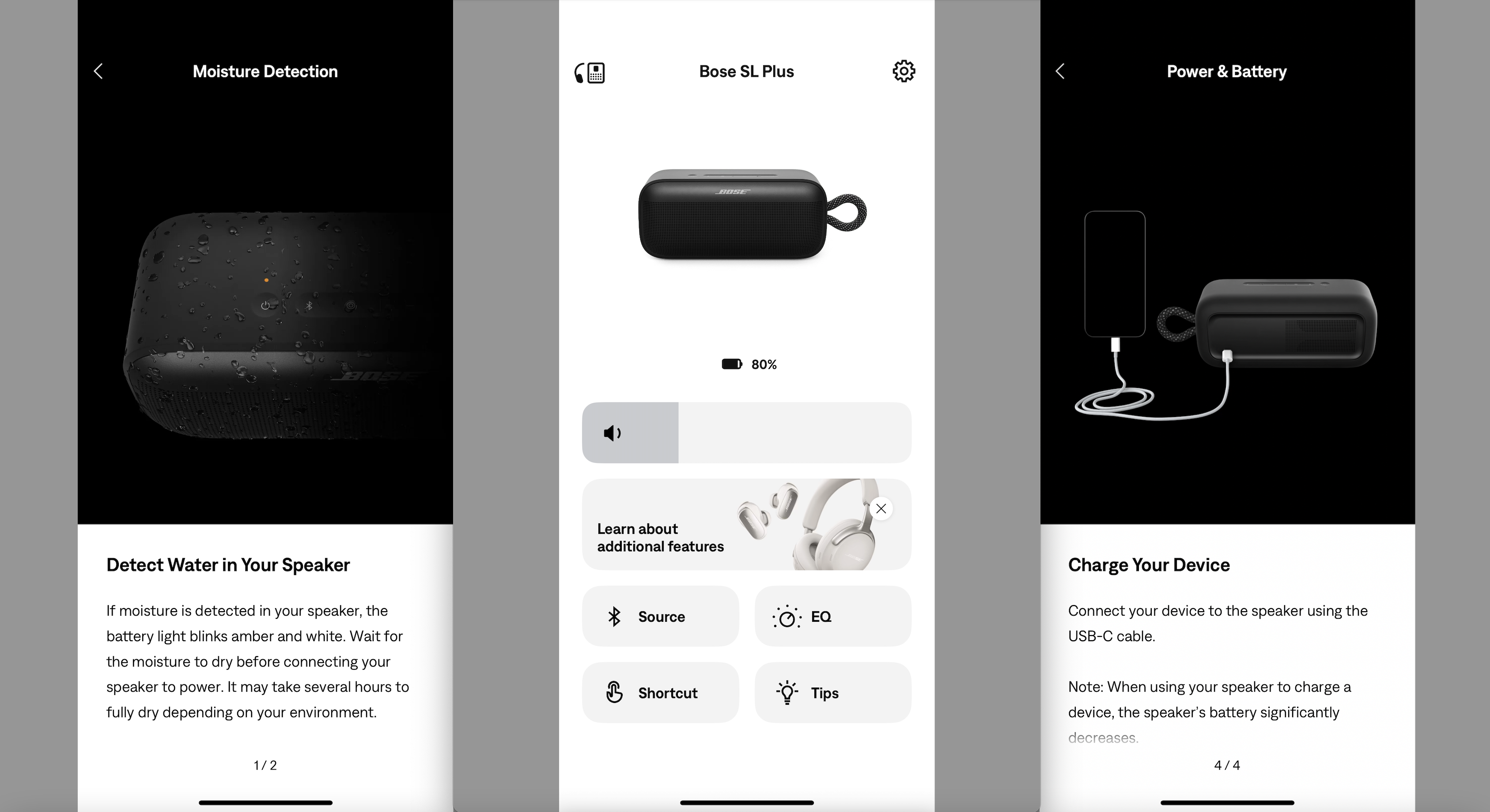 Bose SoundLink Plus screengrabs from the app, on gray background
