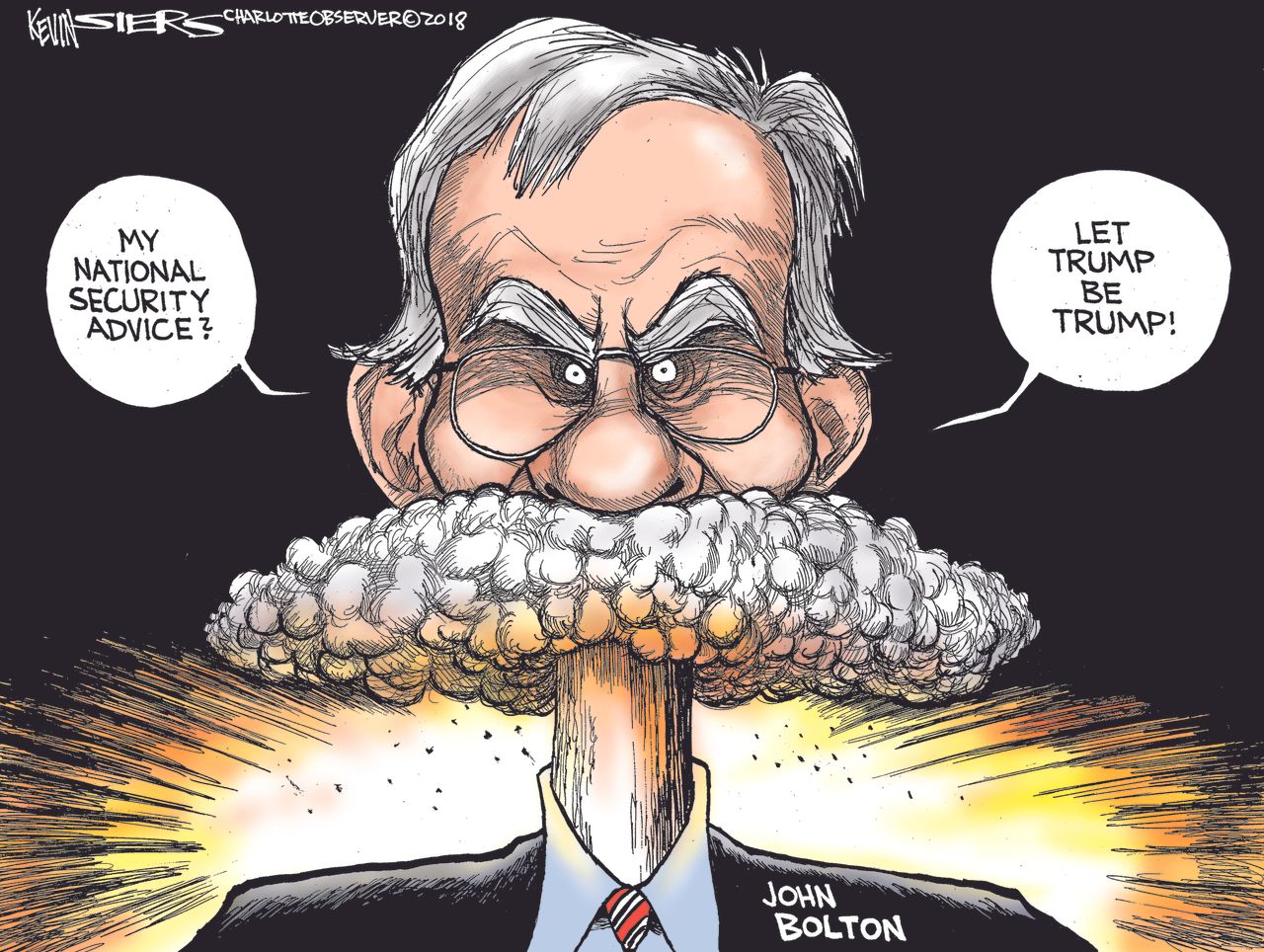 Political cartoon U.S. John Bolton nuclear war national security Trump