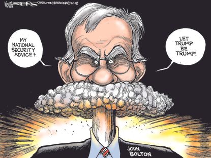 Political cartoon U.S. John Bolton nuclear war national security Trump
