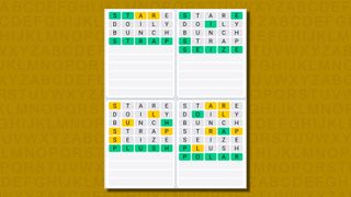Quordle daily sequence answers for game 644 on a yellow background