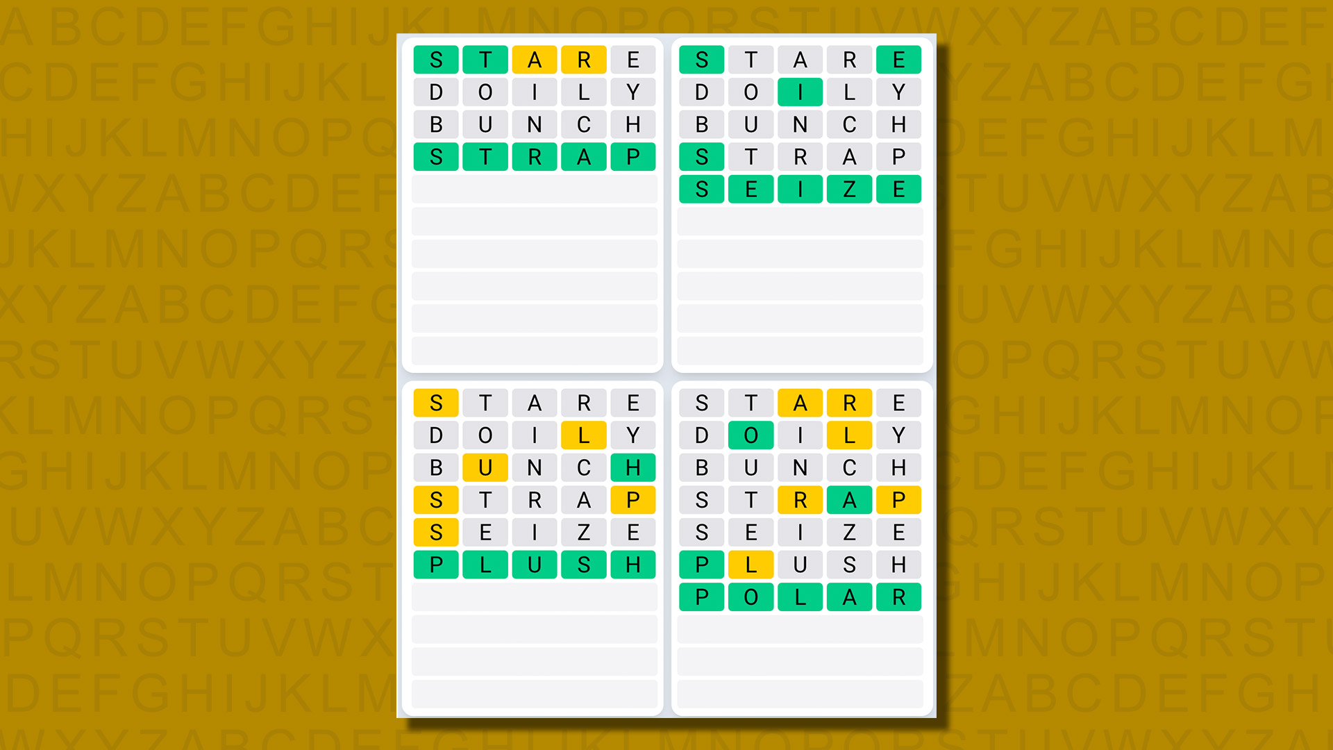 Quordle daily sequence answers for game 644 on yellow background