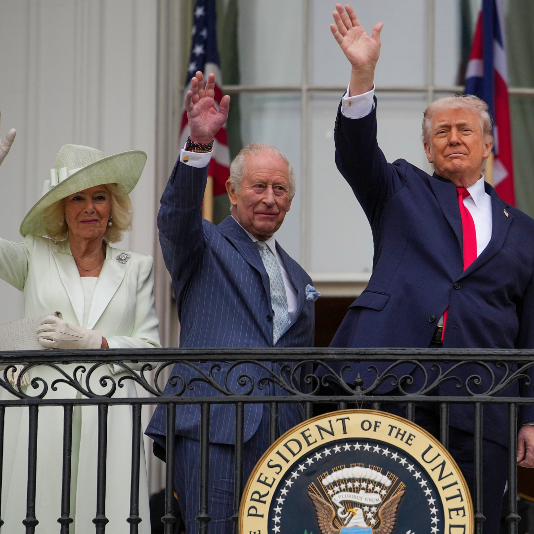 Queen Camilla, King Charles, Donald Trump and Melania Trump waving from the White House