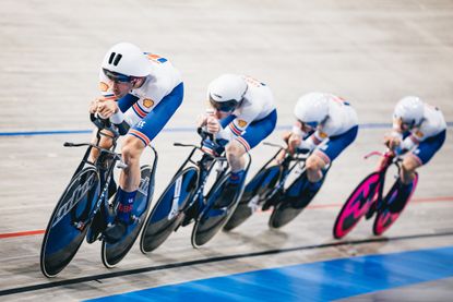 Ethan Vernon, Ethan Hayter, Ollie Wood and Dan Bigham of Great Britain in the team pursuit at the European Championships