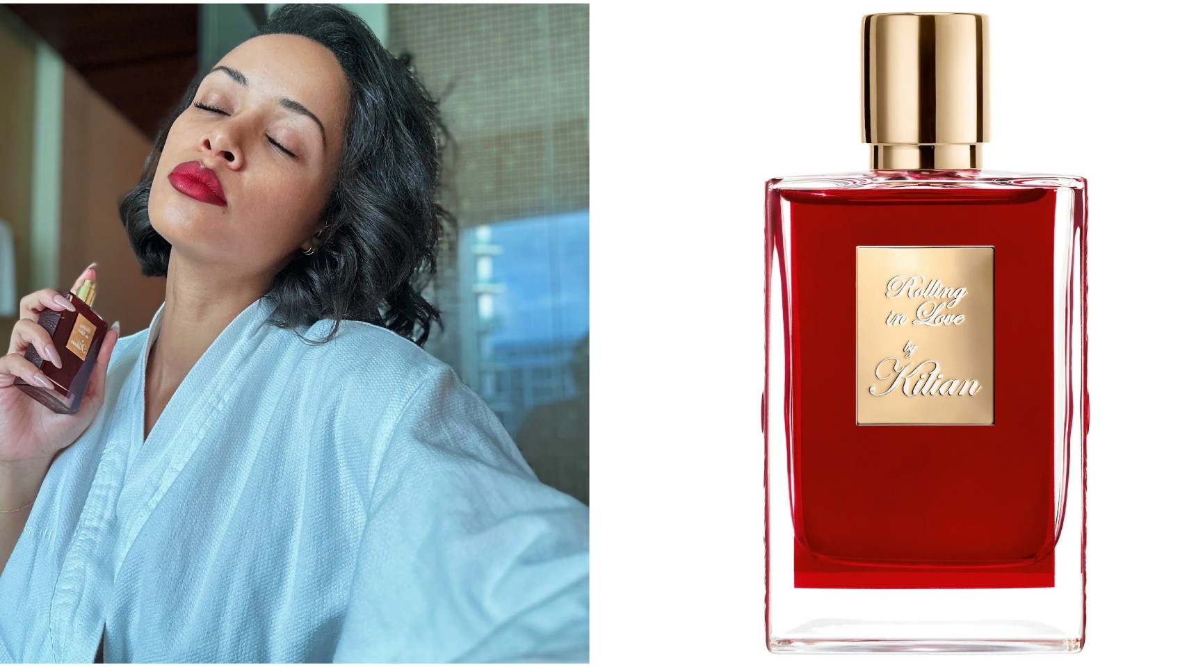 A split image of a woman testing Killian Paris Rolling in Love and a still image of the product